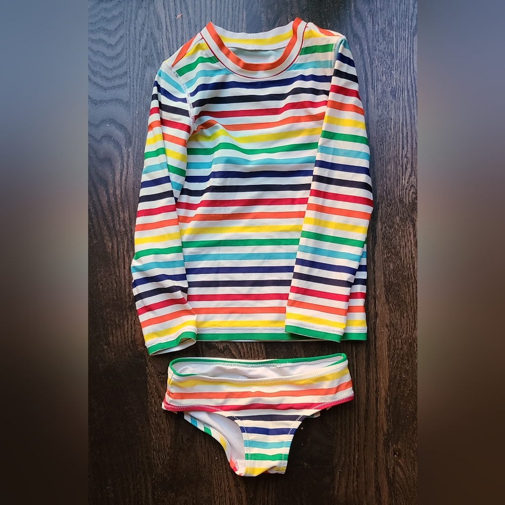 Primary Rainbow Stripes size 4-5 kids swimsuit longsleeve